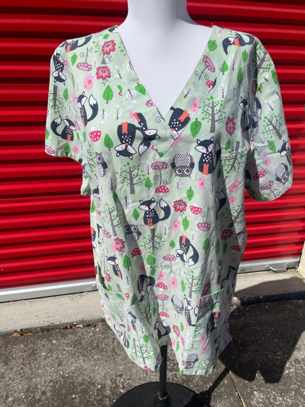 Fox & Owl Print Scrub Top in Mint Green and Pink